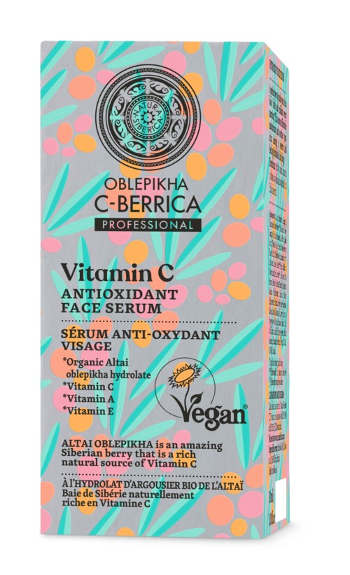 En färgglad förpackning med text som marknadsför vegansk antioxidans ansiktsserum med sibirisk bär, vitaminer och hyaluronsyra.