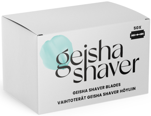 En vit box med Geisha-rakhyvlar, logotyp och text på flera språk, och en 50X-symbol.
