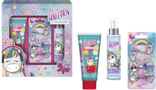 Unicorn-tema gaveeske med håndkrem, spray og hårtilbehør med regnbuer og enhjørninger.