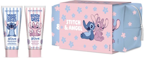 To hudpleietuber med Stitch och Angel fra Disney, og en rosa og blå toalettmappe med Stitch og Angel.