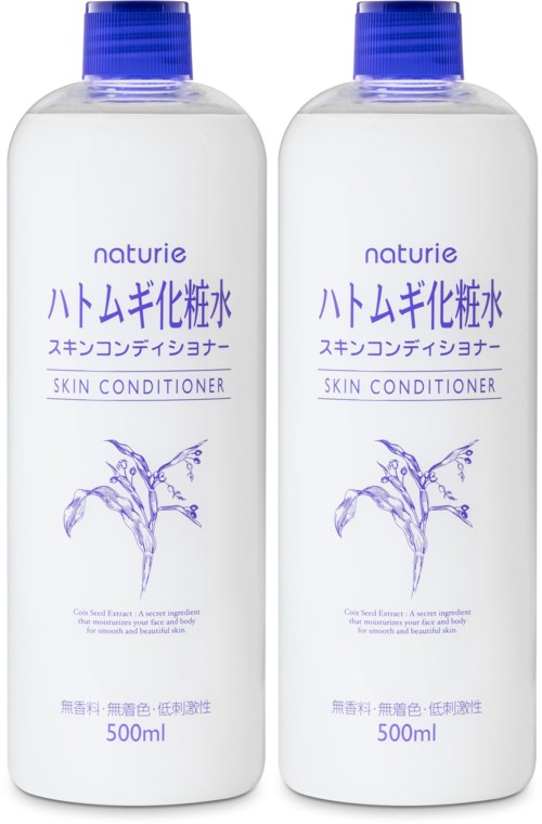Two bottles of Noturie skin conditioner, each 500ml, with blue caps and purple text on white bottles.