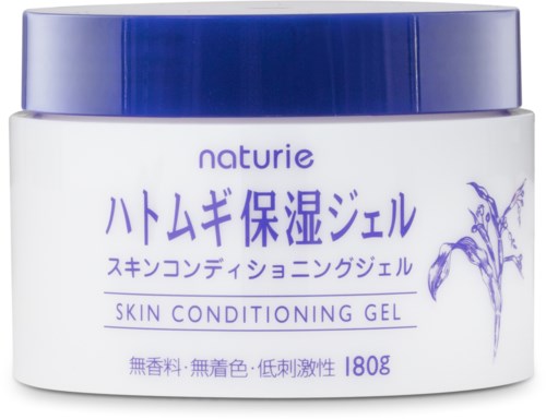 Ein weißer Behälter mit blauem Deckel, beschriftet 'naturie' und 'Skin Conditioning Gel' auf Japanisch und Englisch, mit Blumenabbildung.