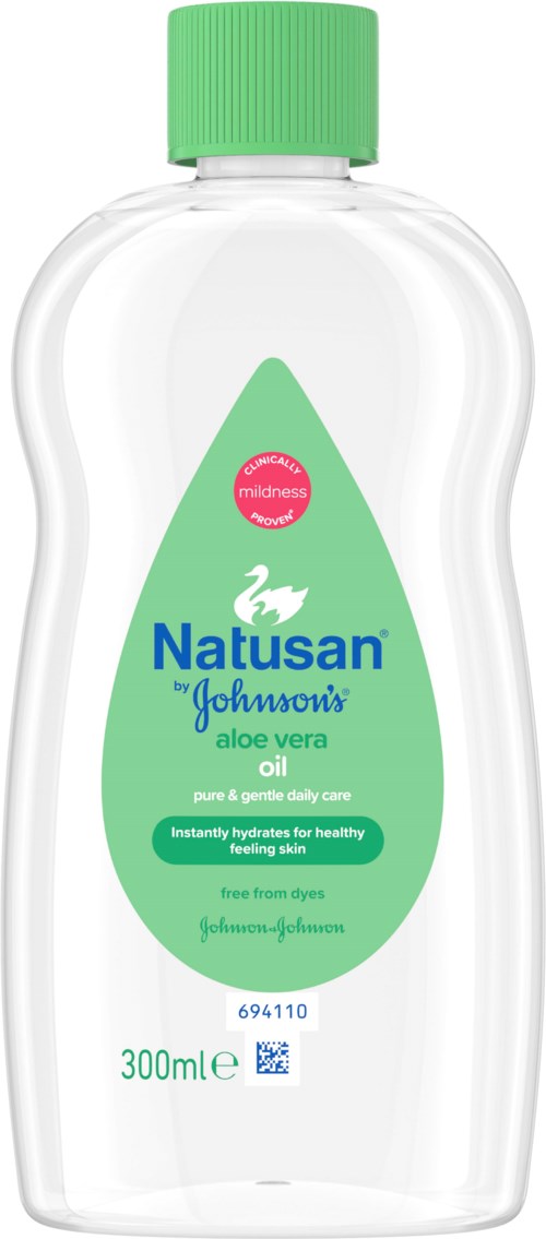 A clear plastic bottle with a green cap contains aloe vera oil by Natusan, meant for gentle daily care and hydration.