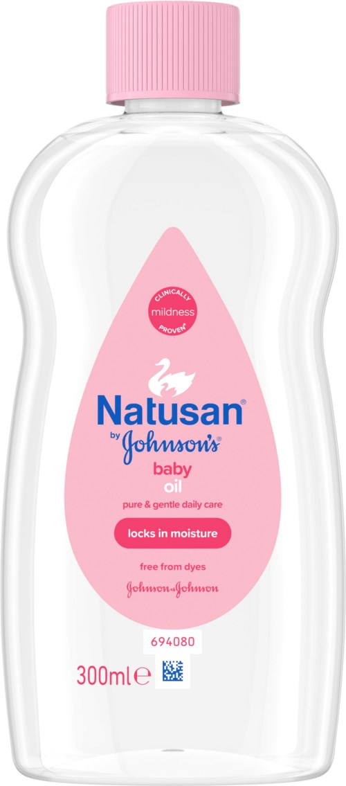 A clear plastic bottle with a pink cap, labeled Natusan baby oil, containing 300 ml for gentle skin care.