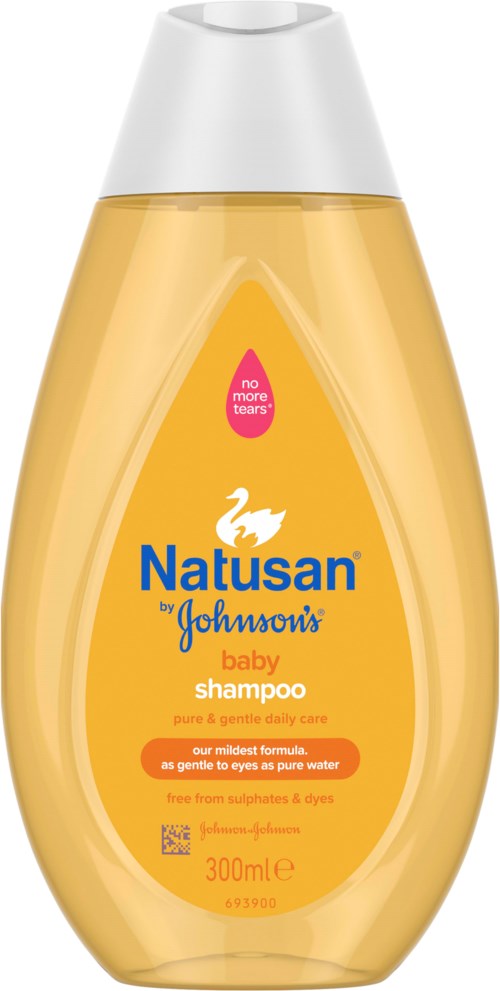 Yellow bottle of Natusan baby shampoo with a white cap and label, highlighting gentle and tear-free formula.