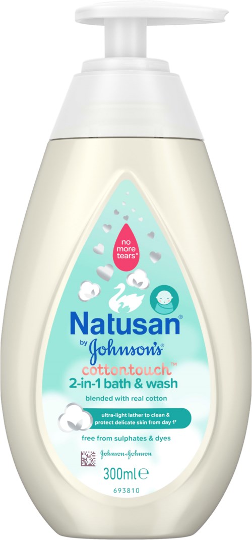 This is a white bottle of baby bath and wash with blue and pink label showing swans and a clock.