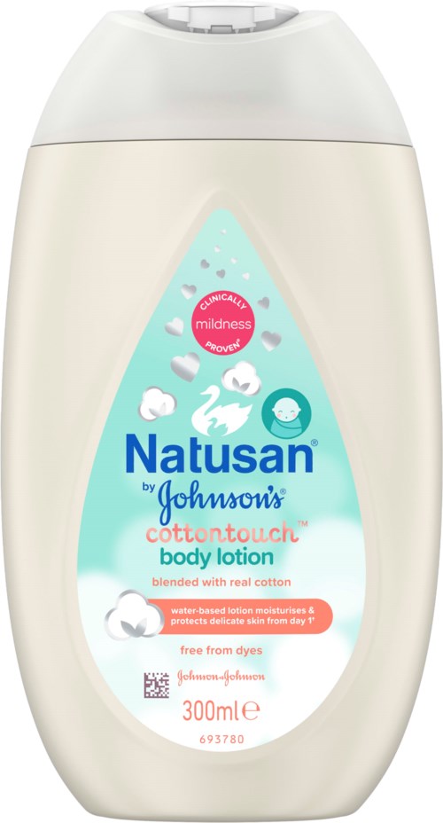 A white bottle of Natusan body lotion with a light blue label showing swans, clouds, and a pink mildness badge.