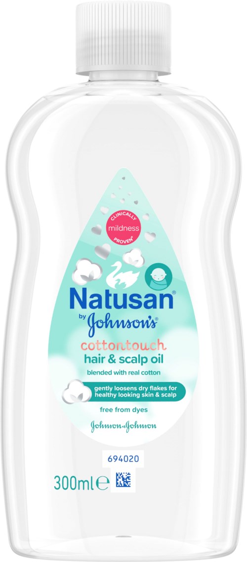 Clear bottle with a white cap, labeled Natusan Johnson's hair and scalp oil, 300ml, featuring blue and pink text.