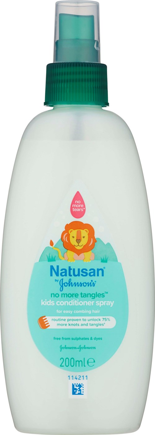 A white bottle of Natusan kids' conditioner spray with a lion illustration and a green spray nozzle.