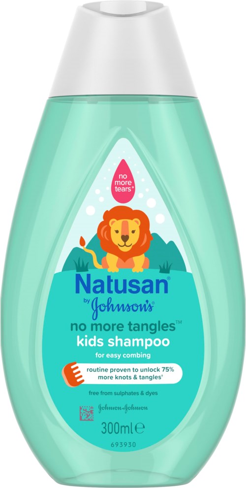 A green squeeze bottle of kids shampoo with a lion illustration and the label 'No more tangles'.