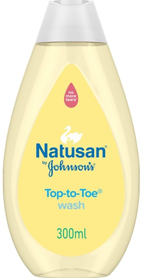 A yellow bottle of Natusan Top-to-Toe wash with a white cap, labeled for children, 300ml size.