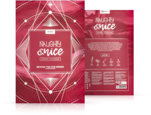 Punainen ja valkoinen adventtikalenteri, jossa geometrisia kuvion ja tekstiä, otsikolla "Naughty Enice" ja "Beyond the Five Senses."