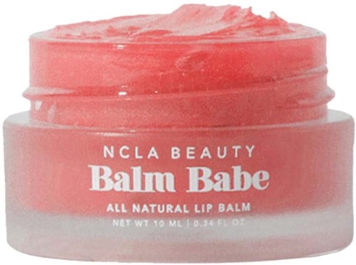 Pink lip balm in a round container, labeled 'Balm Babe' by NCLA Beauty, all natural ingredients.