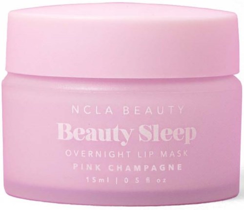 Vaaleanpunainen purkki, jossa lukee 'Beauty Sleep Overnight Lip Mask, Pink Champagne'.