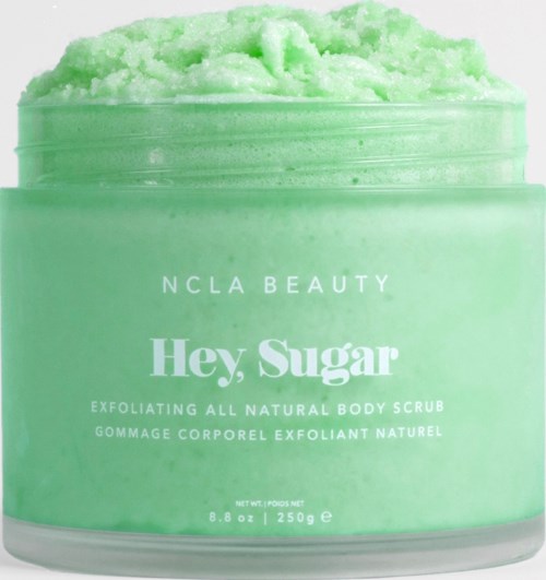 Vihreä vartalokuorinta purkissa, merkki 'Hey, Sugar' NCLA Beauty, luonnollinen vartalokuorinta.