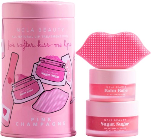 Rosa Lippenbalsamgläser, lippenförmige Dekoration, rosa zylindrischer Behälter mit Produktnamen und Illustrationen von Lippenprodukten.