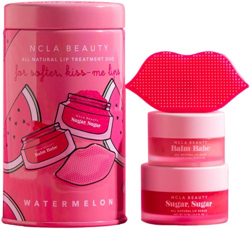 Lippenpflegegläser, Wassermelone-Duft, rosa Farbe, auch Lippenstiftform mit Punktemuster.