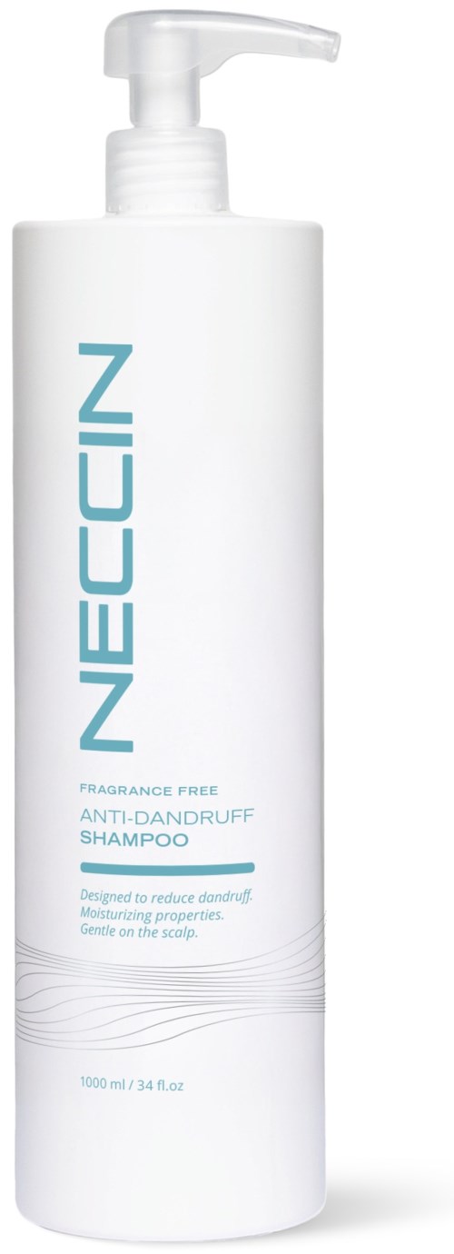 White bottle of Neccin anti-dandruff shampoo with pump, fragrance-free, for reducing dandruff, 1000 ml.