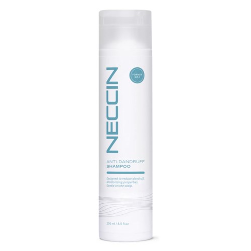 Eine weiße Flasche mit blauer Schrift namens Neccin Anti-Schuppen-Shampoo, gedacht um Schuppen zu reduzieren und die Kopfhaut zu pflegen.