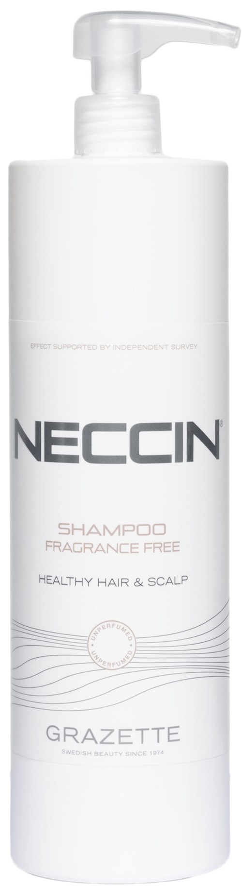 Een witte fles Neccin-shampoo met pomp, gemarkeerd als geurvrij en voor gezond haar en hoofdhuid.