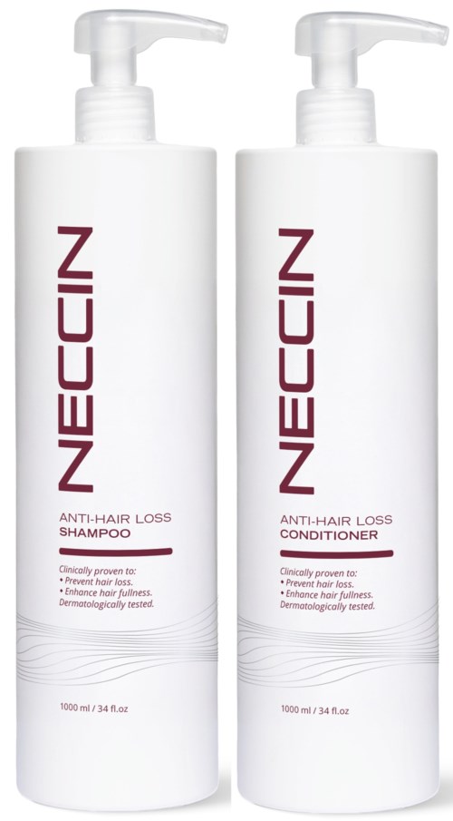 Twee witte flessen met pompverdelers, gemerkt 'NEECCIN', voor shampoo en conditioner, beide gericht op haaruitval.