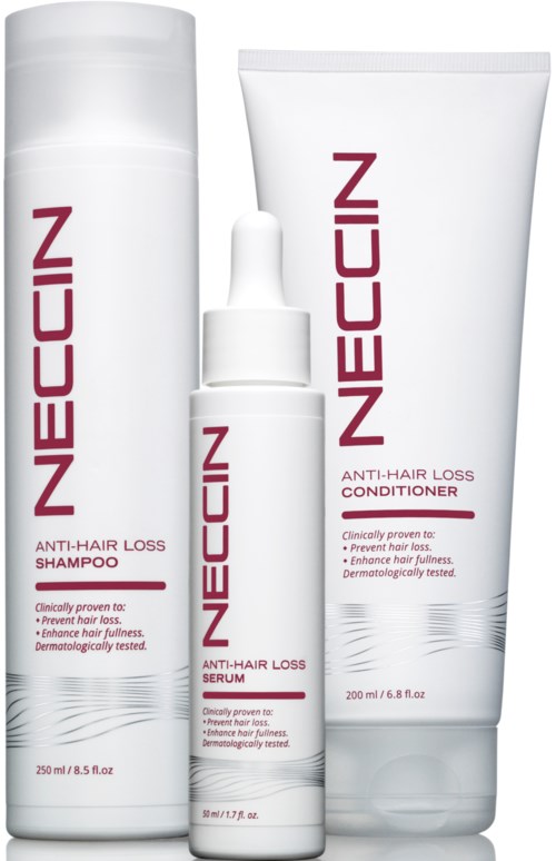 Drie NEACIN haarverzorgingsproducten: shampoo, conditioner en serum in witte flessen met rode tekst.