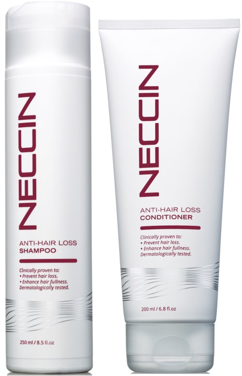 Twee haarverzorgingsproducten: shampoo en conditioner, allebei genaamd 'NEECIN' voor haaruitval.