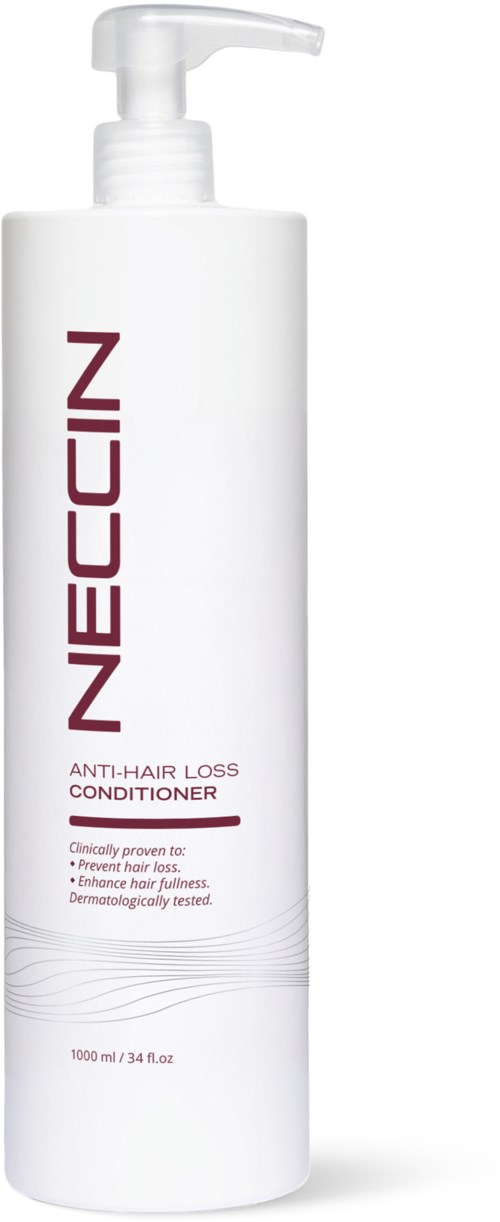 Een witte fles met een pomp die Nececin aangeeft, voor het voorkomen van haarverlies en het versterken van haar.