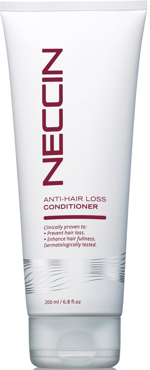 Witte tube van Neccinz anti-haarverlies conditioner met roze tekst en zilveren details.