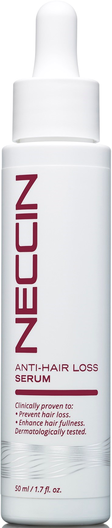 Een witte fles met pipetdop met label 'NEECCIN Anti-Hair Loss Serum', belooft haargroei te voorkomen en haar volumineus te maken.