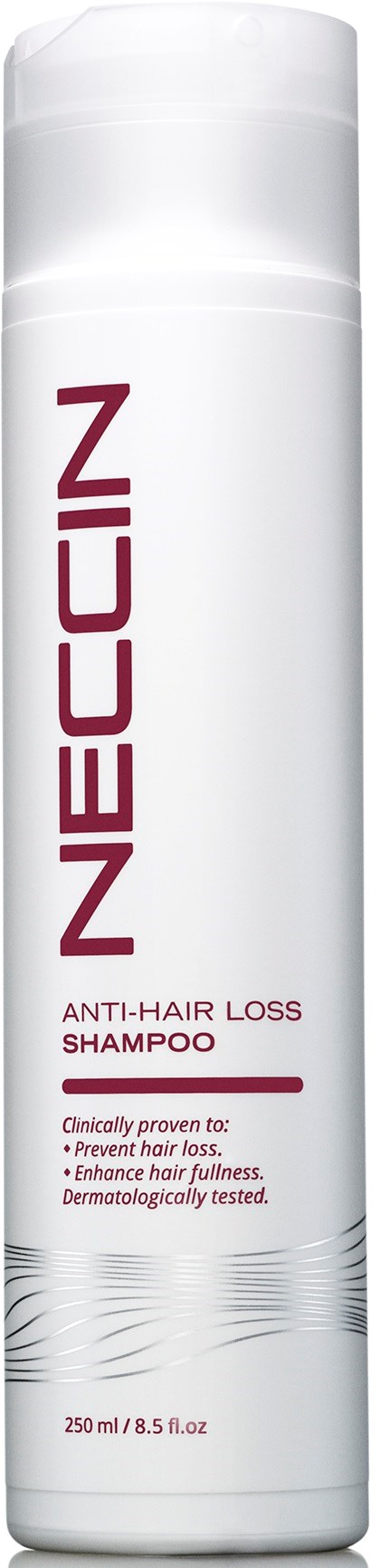 Een witte fles Neccin anti-haaruitvalshampoo met paarse en rode tekst, met golvende patronen onderaan.