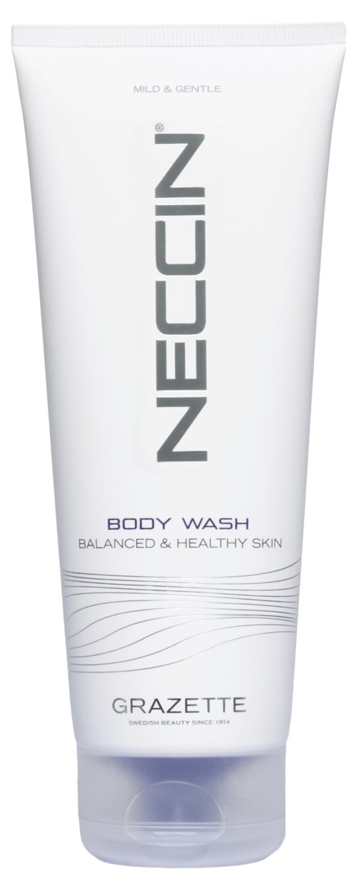 Een witte tube Neuzin bodywash met paarse tekst. Het is voor een gebalanceerde en gezonde huid.