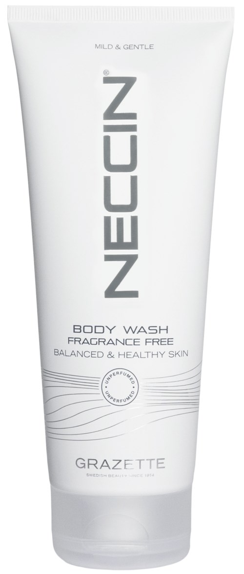Een witte tube met 'NEOCCIN' voor lichaamswas, mild en geurvrij, voor een gebalanceerde en gezonde huid.