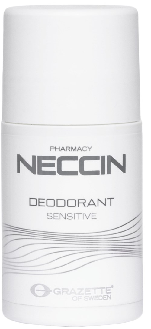 Een witte roll-on deodorant met grijze tekst: "NECCIN DEODORANT SENSITIVE" door Grazzette of Sweden.