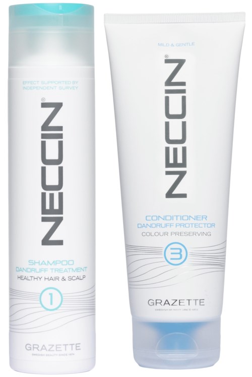Zwei Haarpflegeprodukte: Shampoo und Conditioner in weißen Flaschen mit blauen Akzenten, für gesundes Haar und Farbschutz.