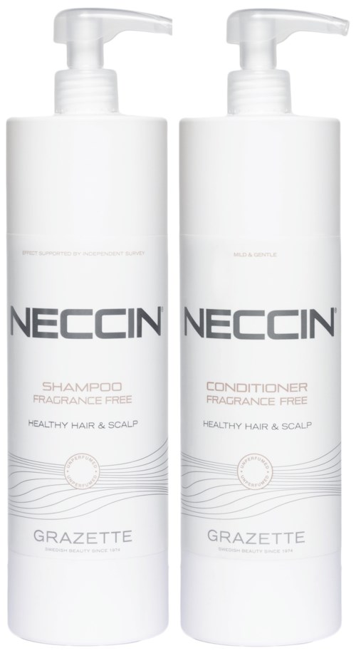 Twee witte flessen, shampoo en conditioner, met pompdispenser, voor gezond haar en hoofdhuid, zonder geur.