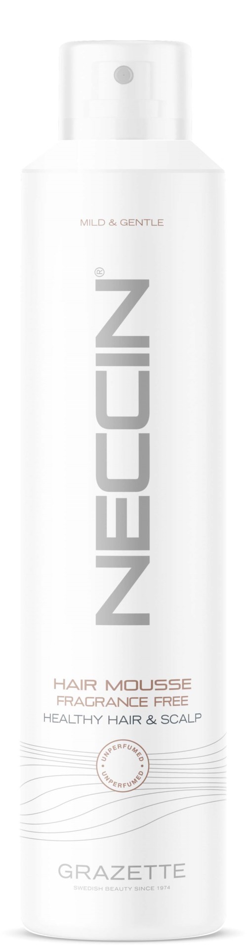 Witte fles van NEECN Haarmousse met milde geur, voor gezond haar en hoofdhuid, geurvrij.