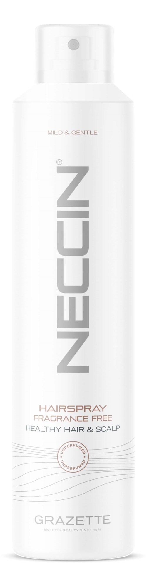 A tall white bottle with gray text, labeled 'NEECCIN' and 'HAIRSPRAY,' free of fragrance and for healthy hair and scalp.