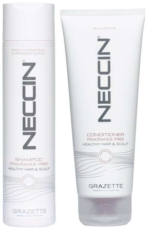 Een flesje shampoo en een tube conditioner van Neccun, beide geurvrij voor gezond haar en hoofdhuid.