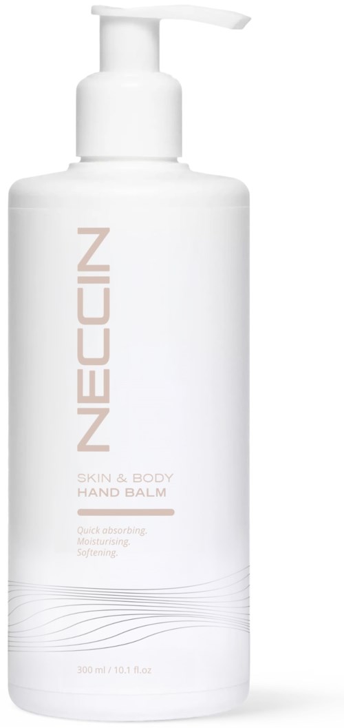 White bottle with pump dispenser and NECCIN branding, labeled as skin and body hand balm, 300 ml.