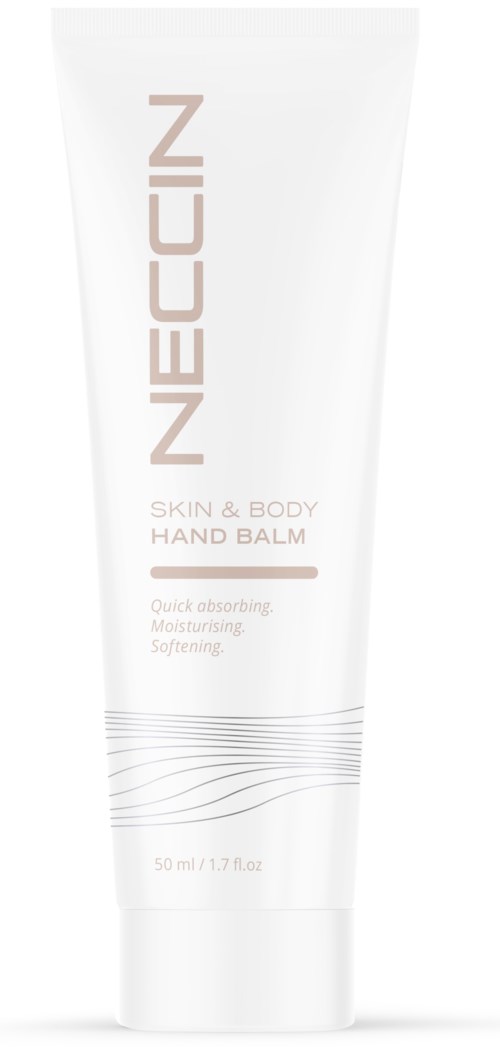 Een witte tube met beige tekst voor Neocuin huid- en lichaamshandbalsem, die snel absorberend en vochtinbrengend is.