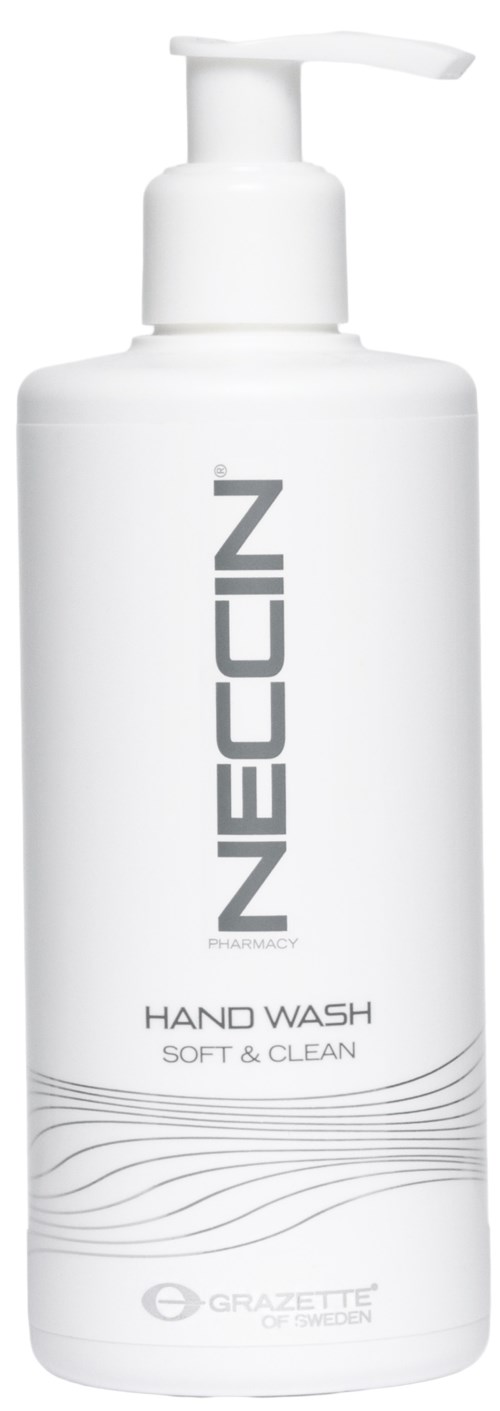 Een witte fles met pomp, labeled 'NECCIN' voor handwas, benadrukt zachtheid en reinheid.