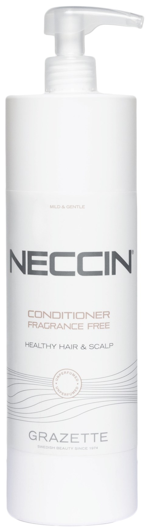 Een witte fles met pomp met label Neccin Conditioner, geurvrij, voor haar en hoofdhuid, met merk Grazzette.
