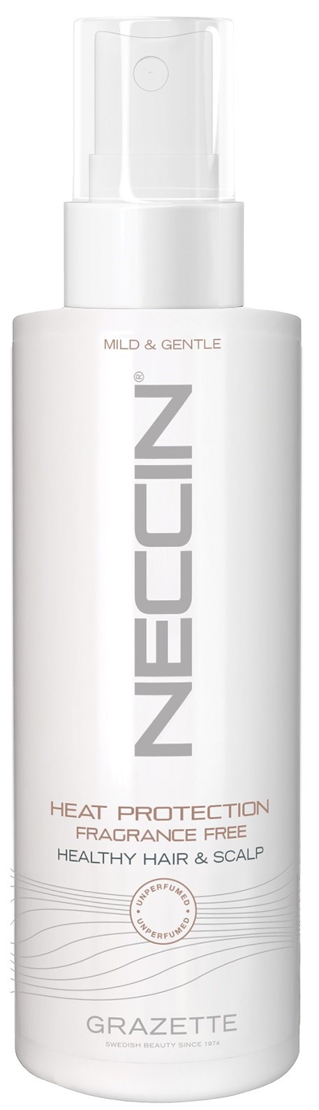 Een witte sprayfles, gemarkeerd 'NEOCCIN' en 'GRAZETTE', voor haarbescherming en hoofdhuidgezondheid.