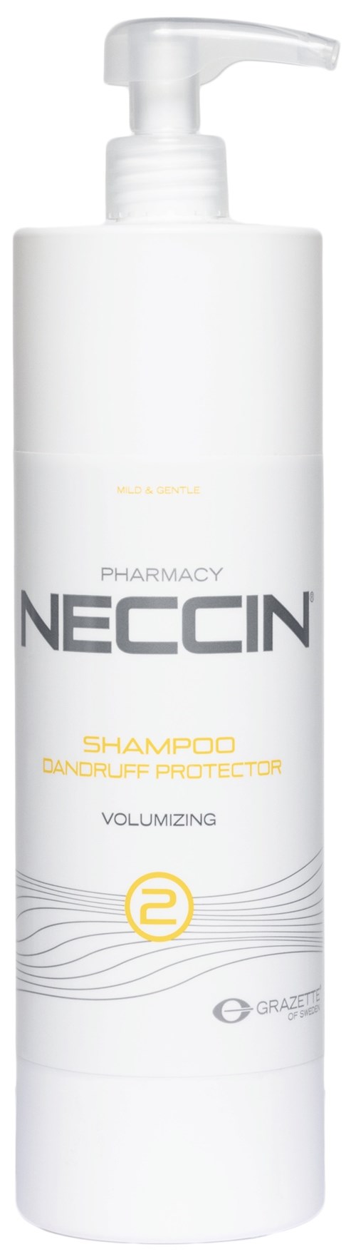 Een witte shampoofles met pomp, gemarkeerd NECCIN Pharmacy, voor volume en hoofdhuidbescherming.