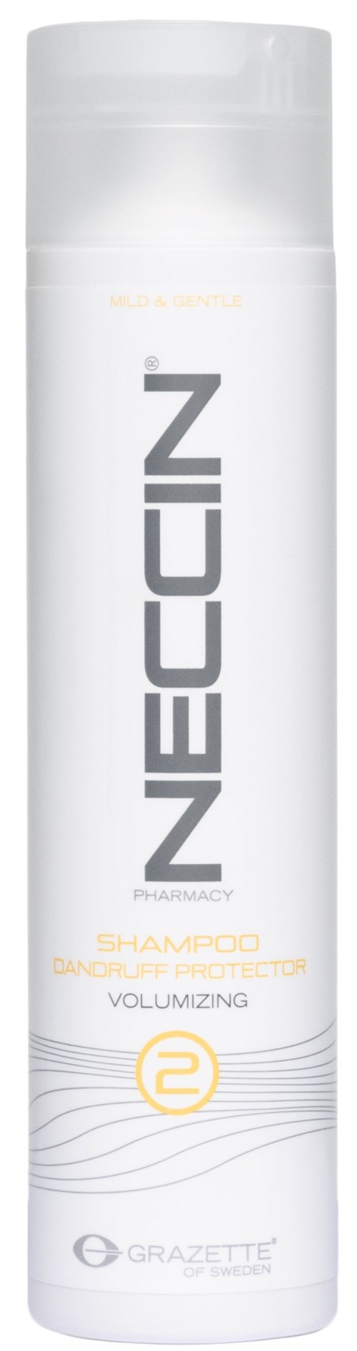 Een witte fles Neccuz-shampoo met oranje en grijze tekst en watergolfontwerp onderaan.