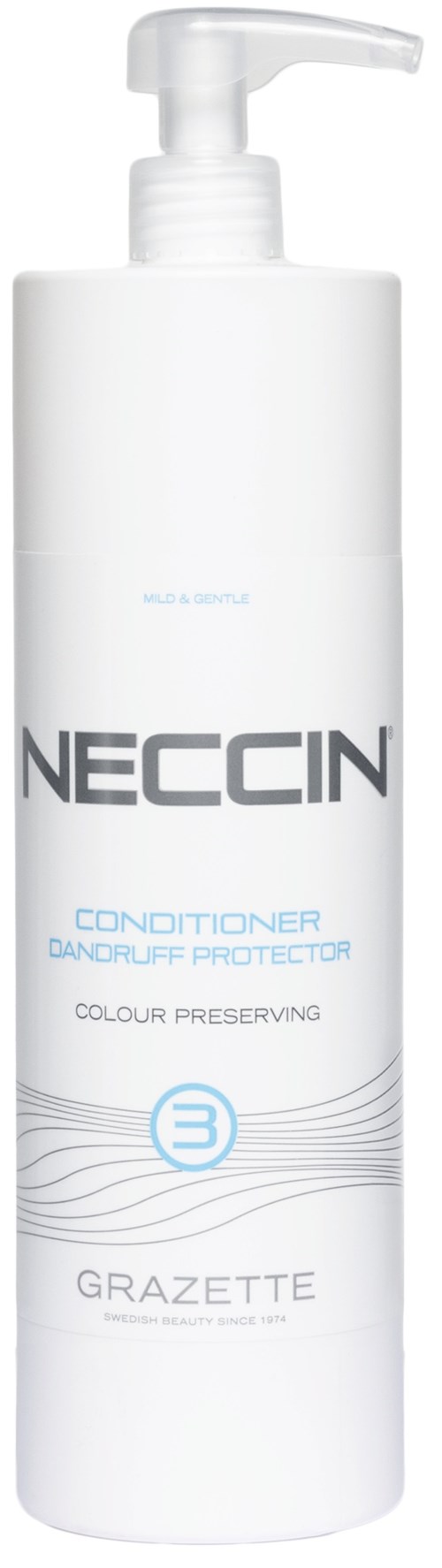 Een wit flesje met pomp, gemarkeerd NECCIN Conditioner, voor kleurbehoudende haarverzorging.