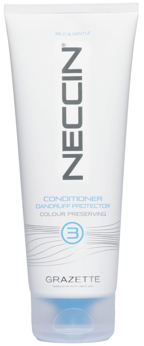 Een witte tube Neccin conditioner voor kleurbescherming, met blauwe en grijze tekst en ontwerp.