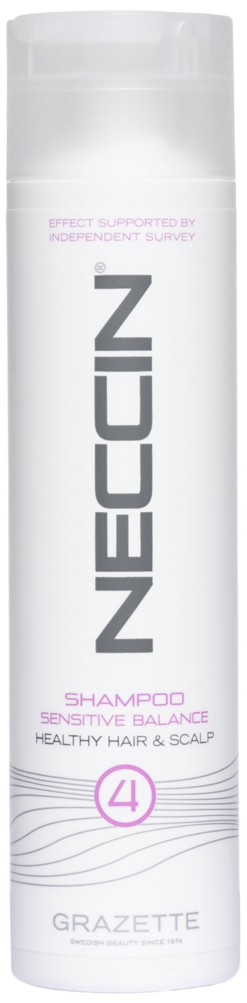 Valkoinen pullo merkinnällä 'Neccun' shampoo herkälle päänahalle ja terveelle hiukselle, pinkin ja harmaan suunnittelun kanssa.