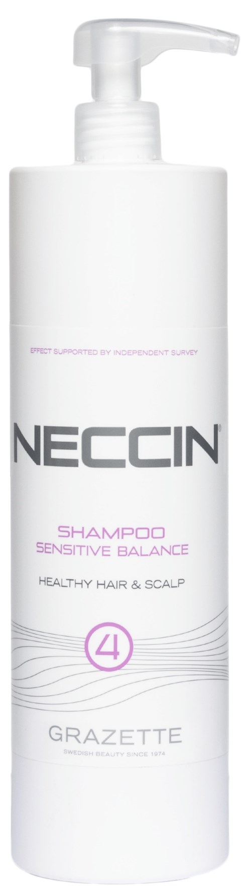 Een witte shampoofles met pomp, gelabeld Neccin Sensitive Balance voor gezond haar en hoofdhuid.